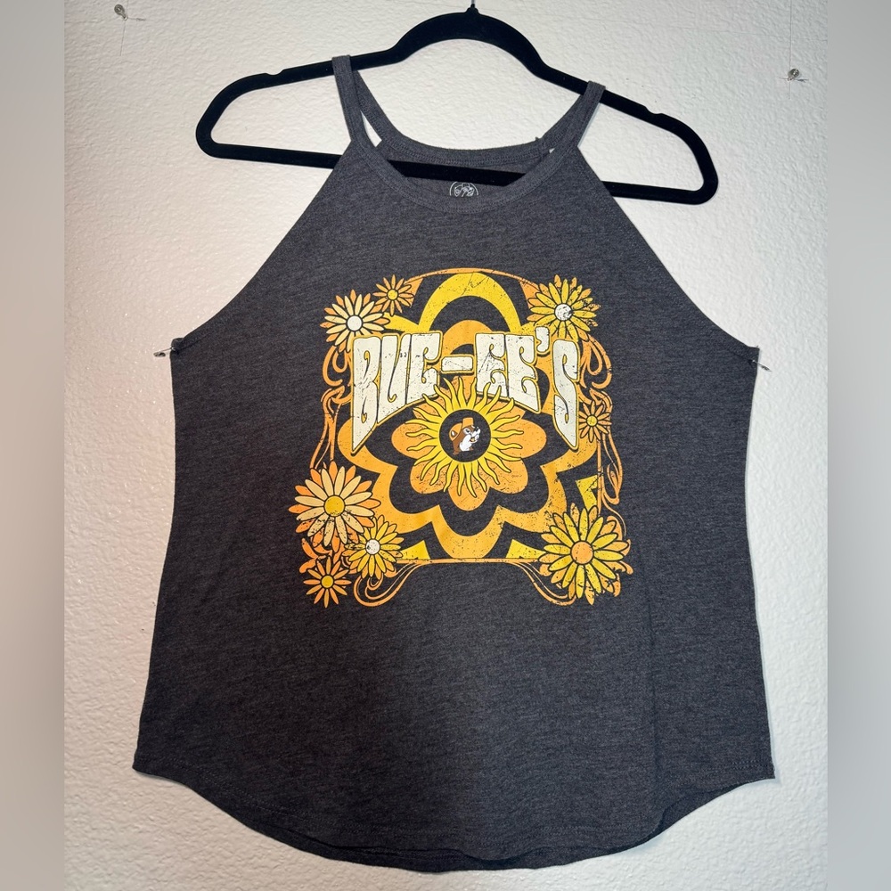 Charcoal Graphic Halter Tank Top with Yellow Floral Logo
